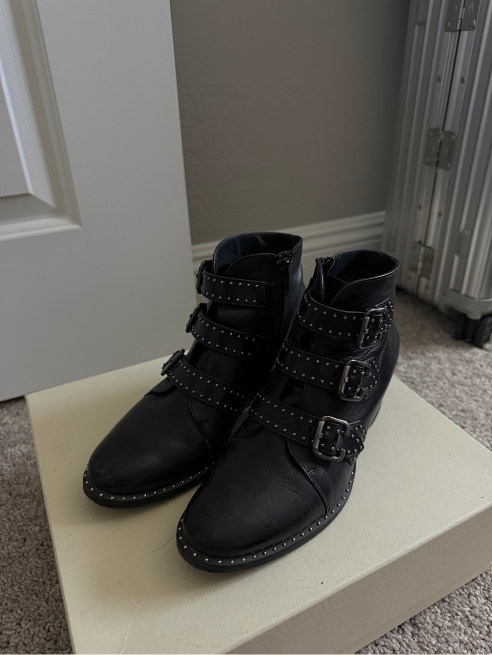 Paul Green Black Studded Triple-Buckle Ankle Boots
